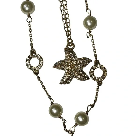 J Crew Gold Necklaces Starfish Chain Rhinestone Pearls Lot of 2 - Picture 8 of 8